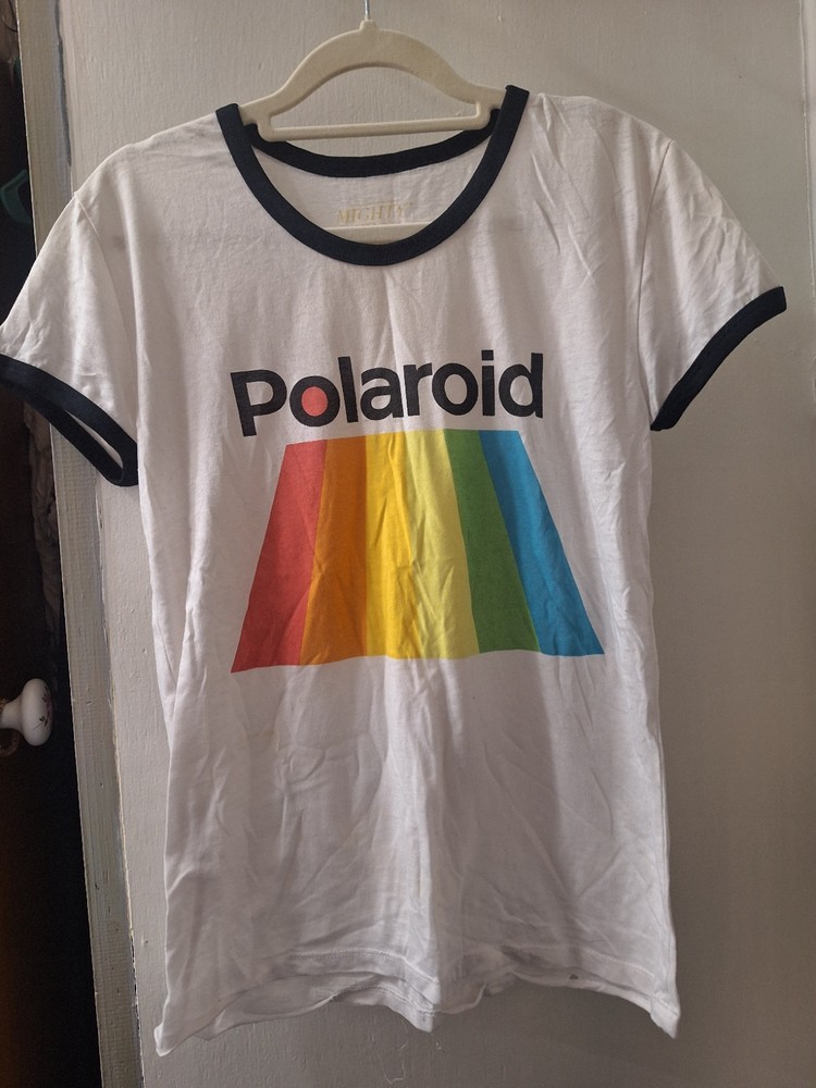 Mighty Fine Polaroid Ringer T-Shirt White/Black Trim Cotton Graphic Logo M