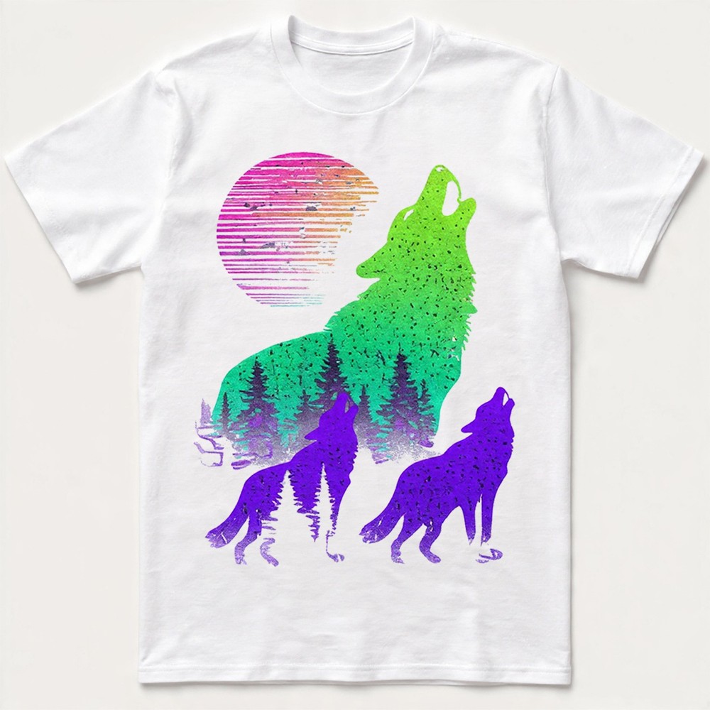 Wolves Howling Moon Forest Silhouette Neon Synthwave Retro Graphic Tee