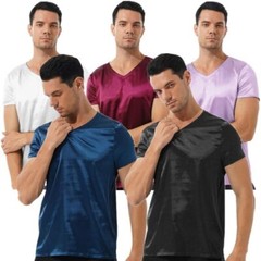US Men Satin Silk Short Sleeve V-Neck T-Shirt Tee Blouse Nightwear Sleepwear