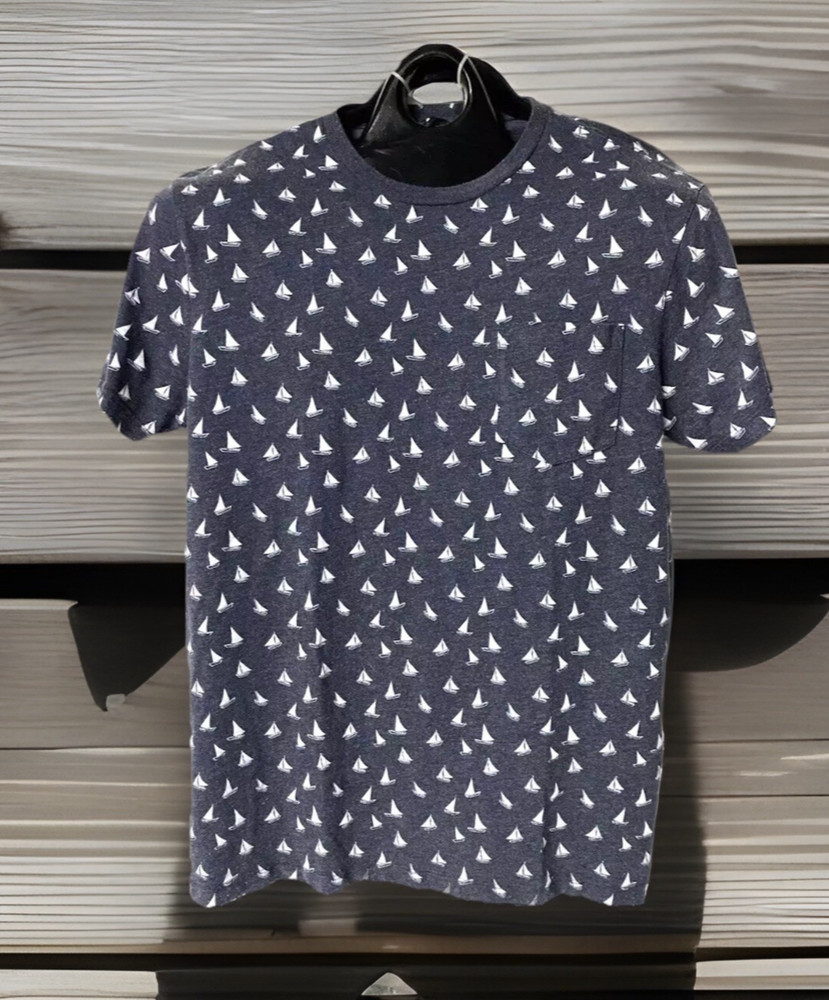 J Crew Mens Navy Blue Sailboats Front Pocket T Shirt Crew Neck Slim Size L