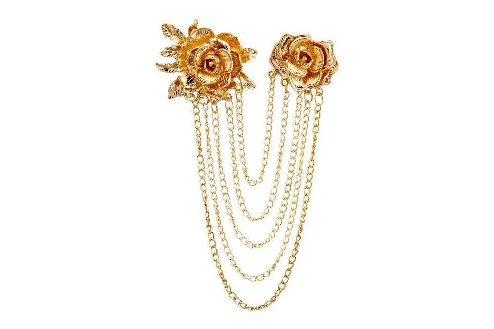 Brooch Pin Elegant Gold Rose with Hanging Chains Formal Executive Lapel Pin A…