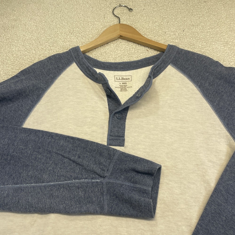 LL Bean Henley Mens L Blue Oatmeal Raglan Baseball Long Sleeve Wool Blend Shirt