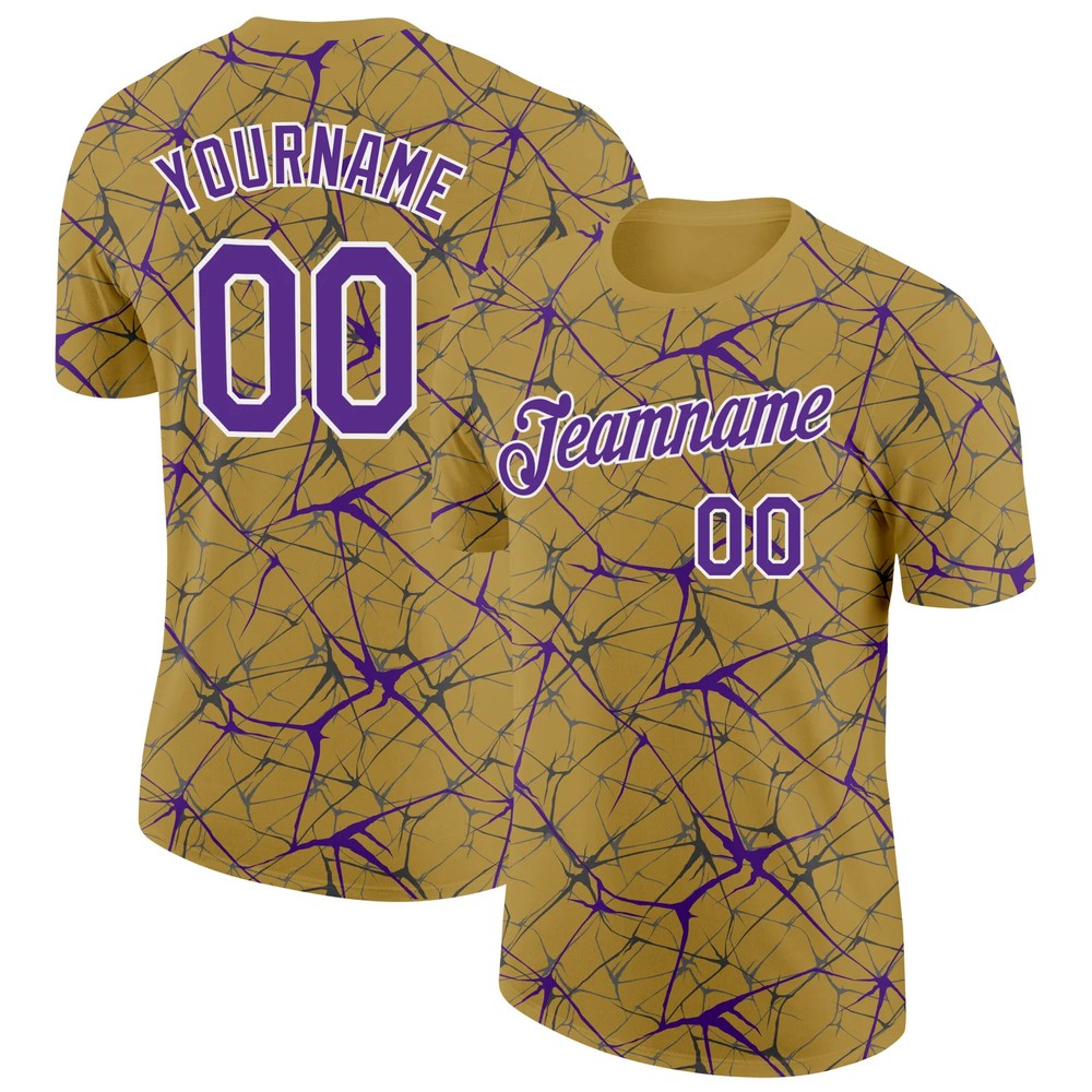 Custom Old Gold Purple Abstract Crackle Sports Tee Personalized Jersey