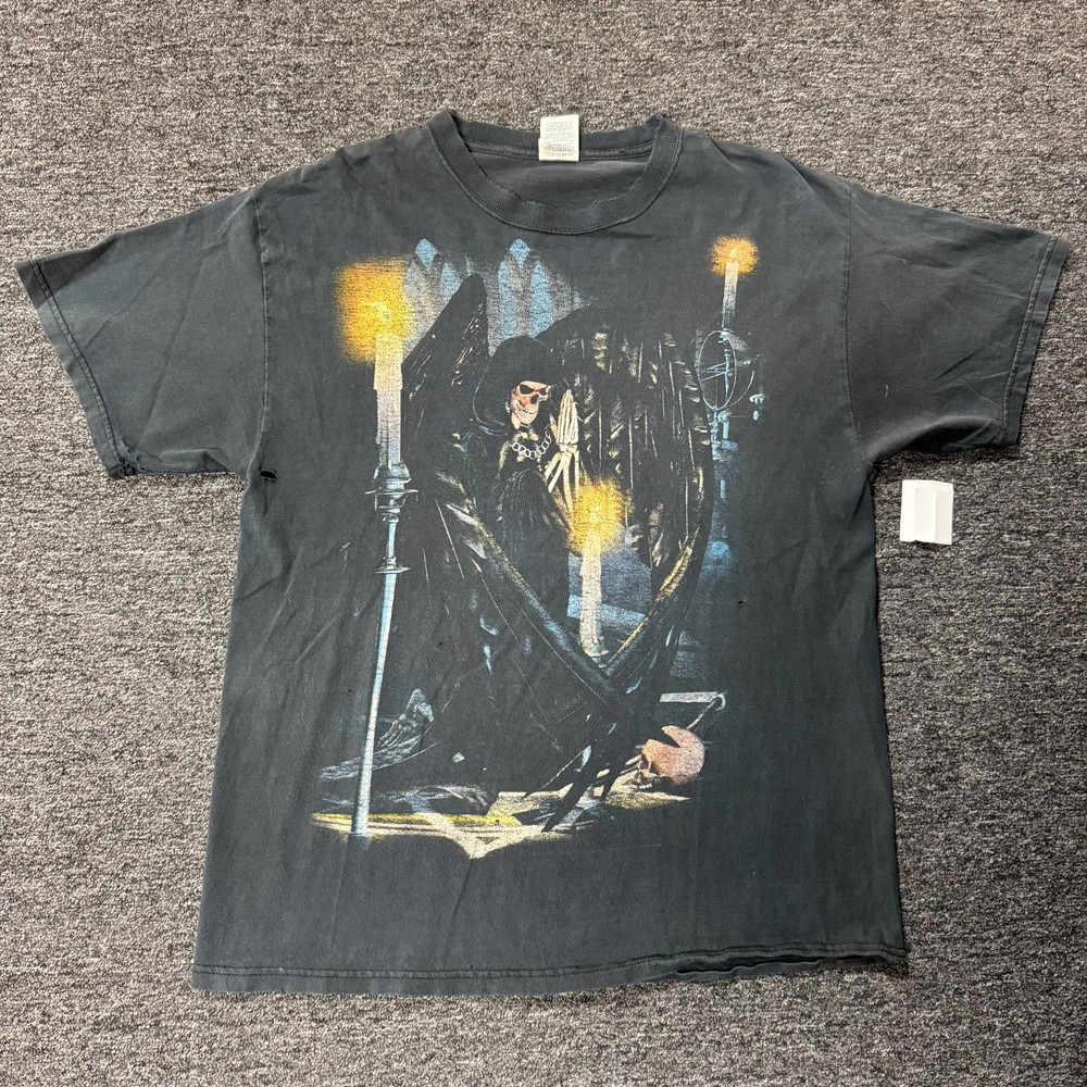 Vintage 90s Fashion Victim Grim Reaper Y2K Angel of Death T-Shirt L Sun Faded