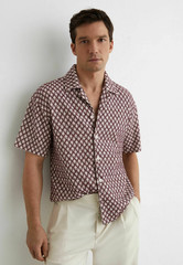 REISS Mens Rust Red Mills Cuban Collar SS Shirt Designer Embroidered Crochet