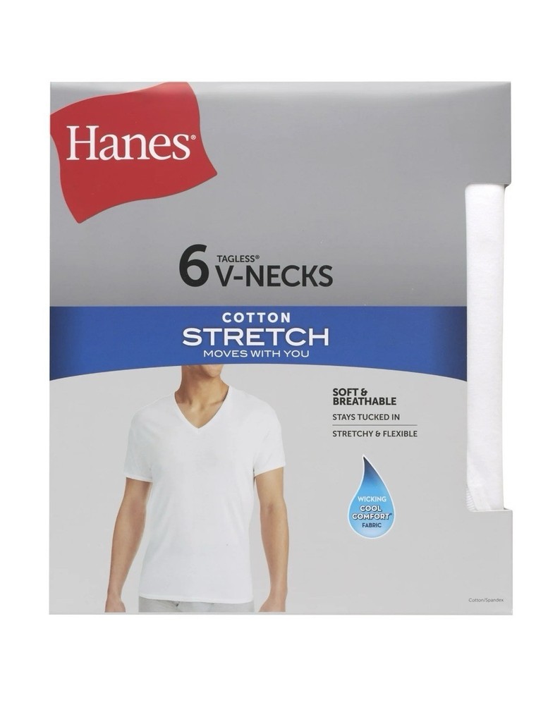 6-Pack HANES Men’s Size S Cotton Stretch V-Neck T-Shirts Undershirts – White