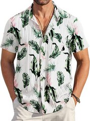 Men Casual Button Down Short Sleeve Textured Summer Beach Shirt with Pocket