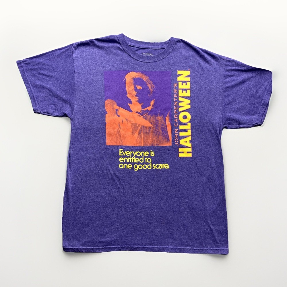 John Carpenters Halloween Shirt Mens Large Purple Everyone Deserves A Scare Crew