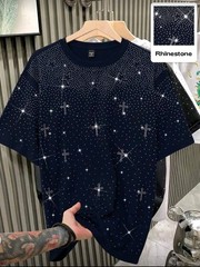 New Men Women Luxury Diamond Crosses Stars Rhinestones Fashion T-Shirt 7 Colors