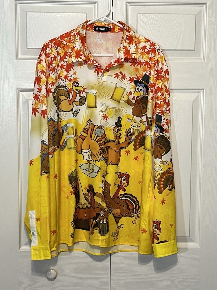 Atlanl Turkeys w/Beer Festive Thanksgiving Shirt XL Poly/Spandex Blend EUC