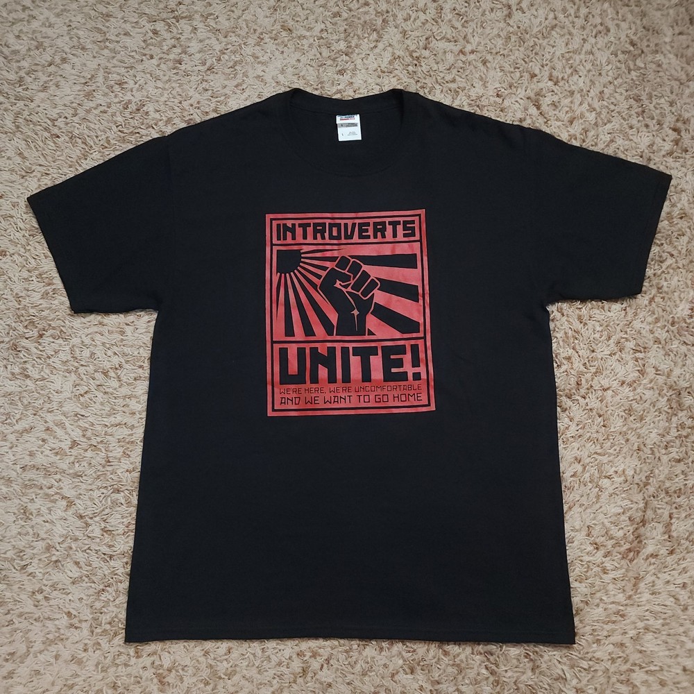 Introverts Unite Screen Print Mens L Red Black Short Sleeve Shirt