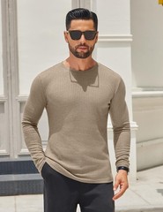 Men’s 2 Pack T-Shirt Long Sleeve Ribbed Slim Fitted Tee Shirts Casual Crewnec…