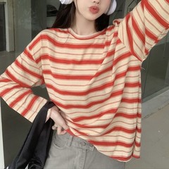 Korean Fashion Women’s Loose Striped Blouse Long Sleeve Crew Neck Streetwear