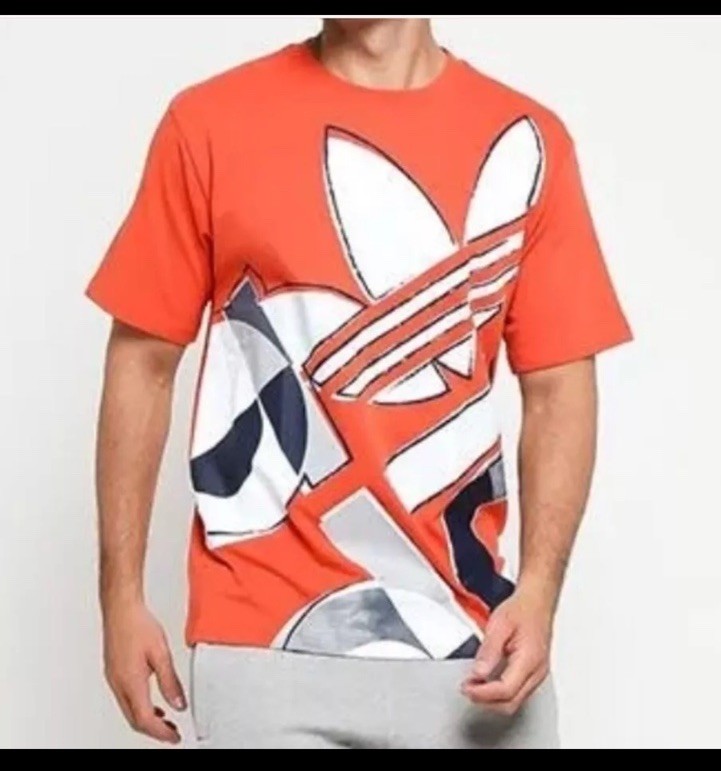 NEW MENS ADIDAS ORIGINALS TREFOILTEE T SHIRT LARGE #DV3286 Orange Allover Spell