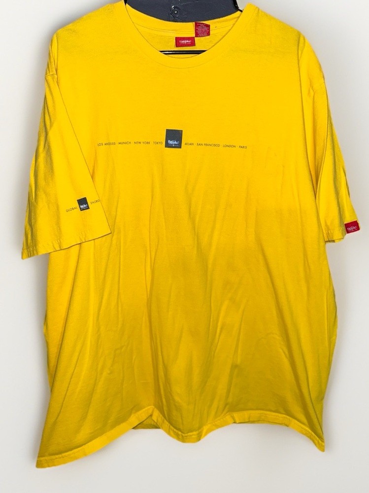 Vintage 90s Mossimo T shirt Mens XL Yellow Spell Out Cities Graphic Red Tag
