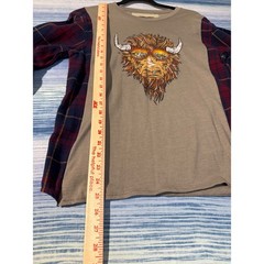 Upcycled Hybrid Flannel Tee Bison Graphic Tan Red Plaid Long Sleeve Mens Medium