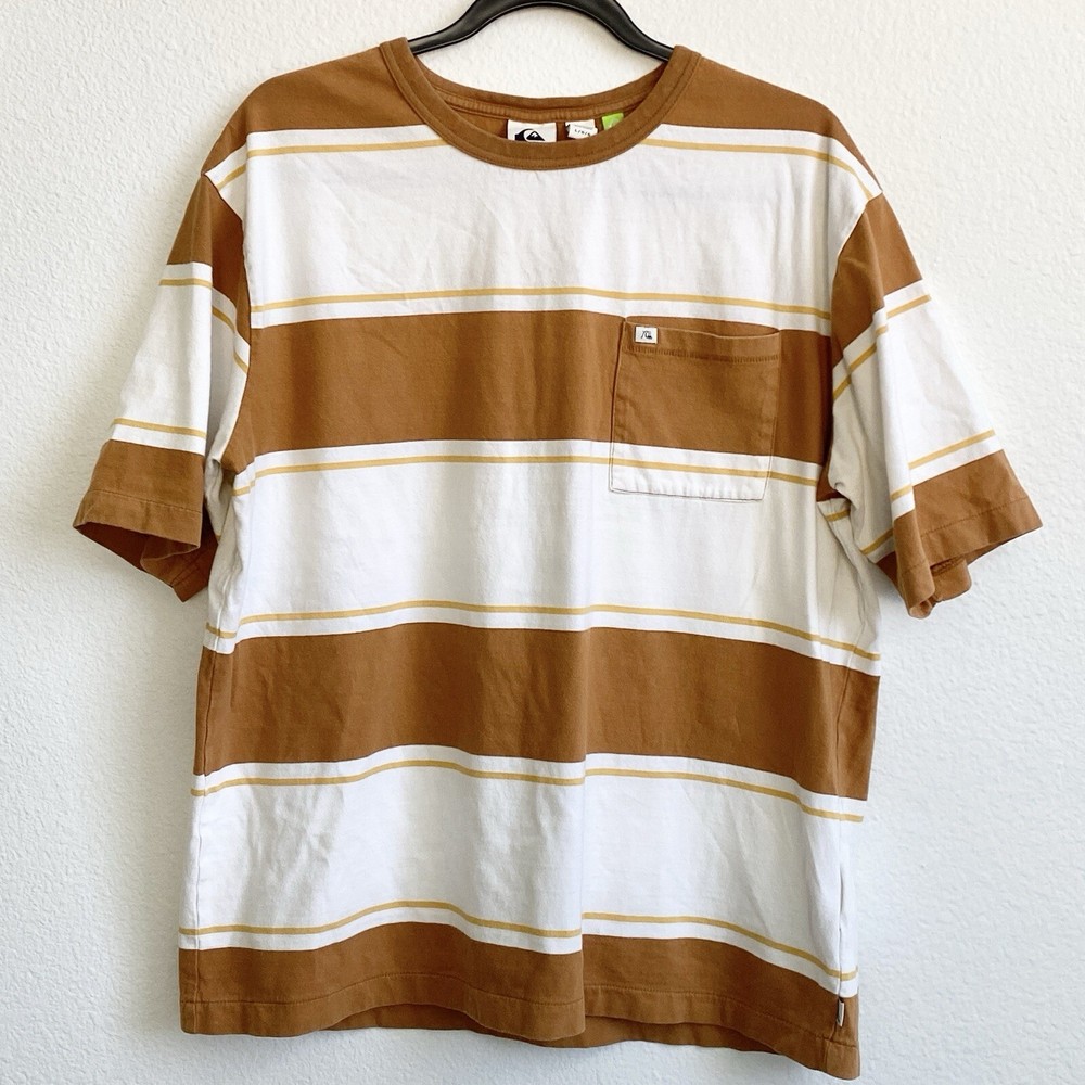 Quiksilver Men’s Brown Striped San Miguel Short Sleeve Pocket Tee Shirt Sz L EUC