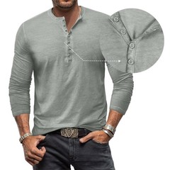 Mens Henley Grandad Casual Shirts Long Sleeve Muscle Slim Fit Button T Shirt Top