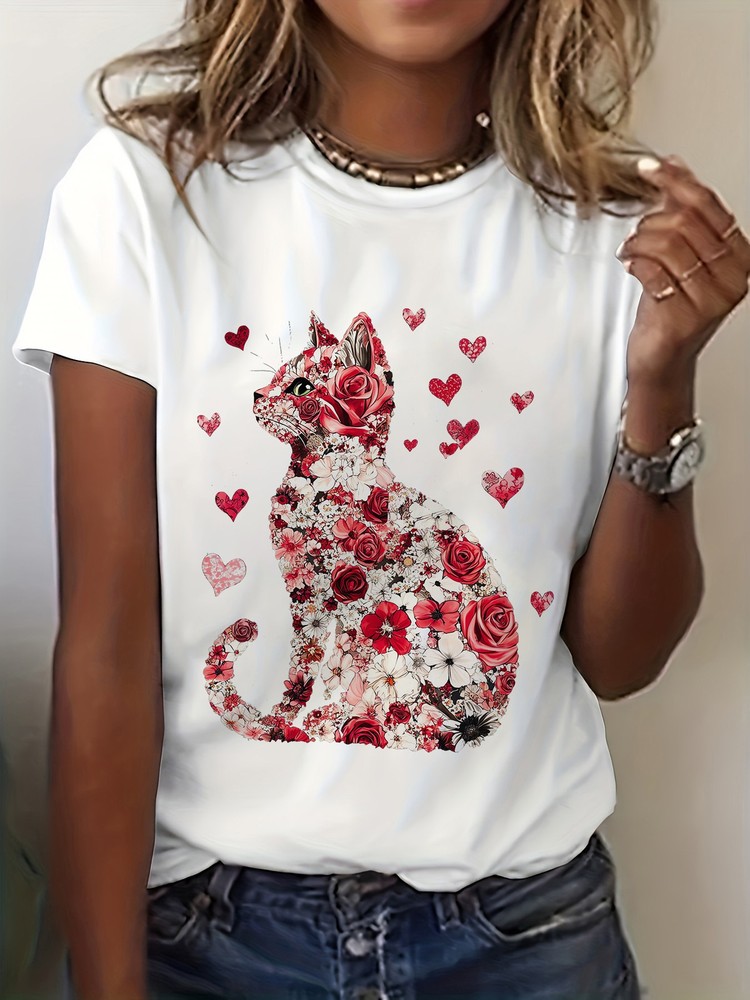 Women’S Valentine’S Day Love Cat Graphic T-Shirt