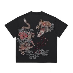 Men’s Embroidered Dragon T-Shirt Hip Hop Short Sleeve Heavy Stitch Streetwear