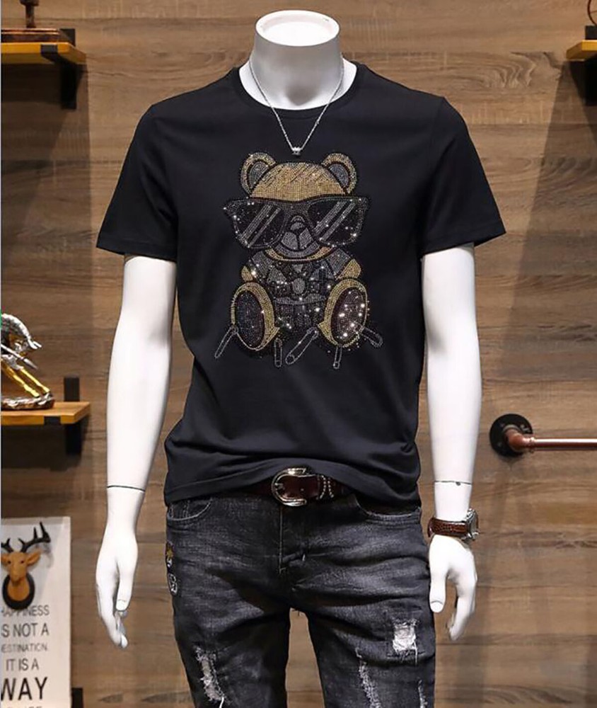 New Fashion Rhinestone Bear Short Sleeve Luxury Men T-Shirt All Sizes Plus Size