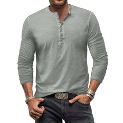 Mens Henley Grandad Casual Shirts Long Sleeve Muscle Slim Fit Button T Shirt Top