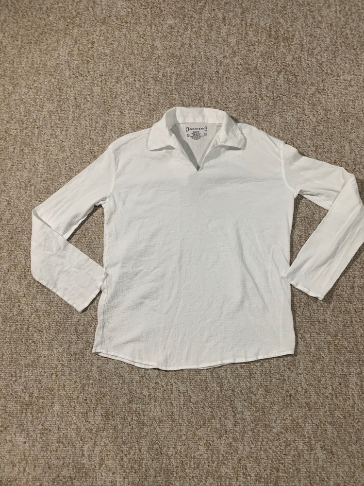 Positano Men’s Long Sleeve 100% Cotton V-Neck w/Collar White Size Large