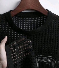 New Men Luxury Diamond Rhinestones Fashion Black Knitted T-Shirt High Quality