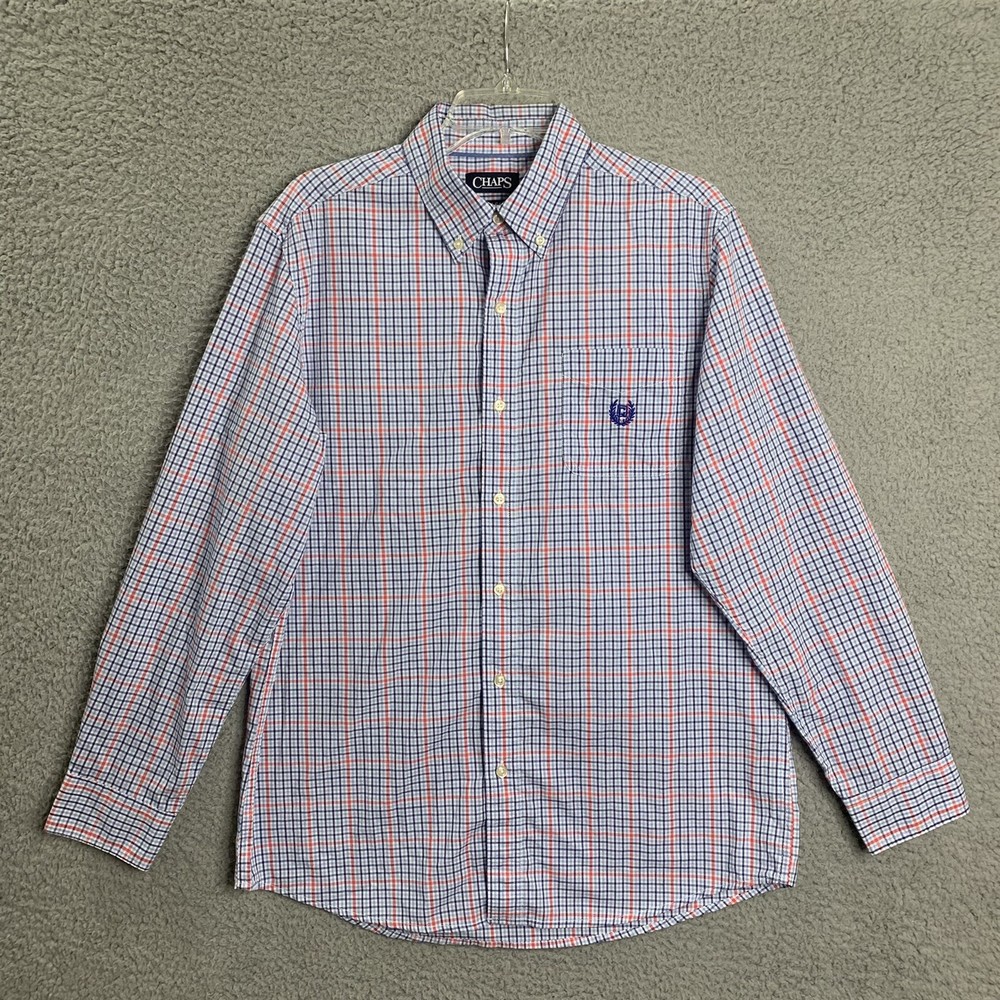 Chaps Button Down Shirt Mens Medium Red Blue Plaid Short Sleeve Collared Casual