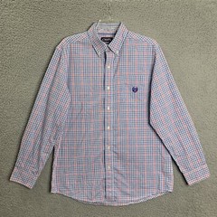 Chaps Button Down Shirt Mens Medium Red Blue Plaid Short Sleeve Collared Casual