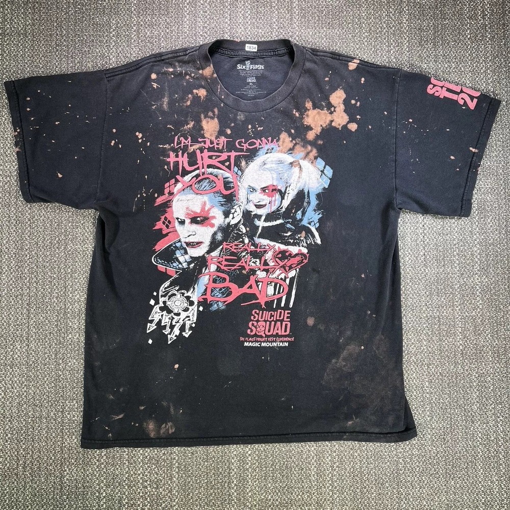 Suicide Squad Six Flags T Shirt Mens XL Black Harley Quinn Joker Scare Team 2016