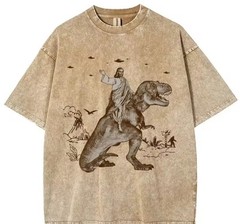 Men’s Multicolor Jesus Dinosaur Graphic Print Crew Neck Short Sleeve T-Shirt L