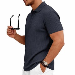 Men’s knitted textured simple short-sleeve polo shirt, casual golf business top,