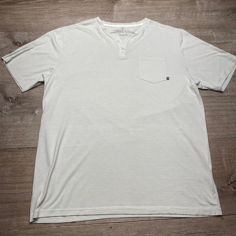 Free Fly Henley Mens Large Bamboo Viscose Gray White Stripe Short Sleeve Tee
