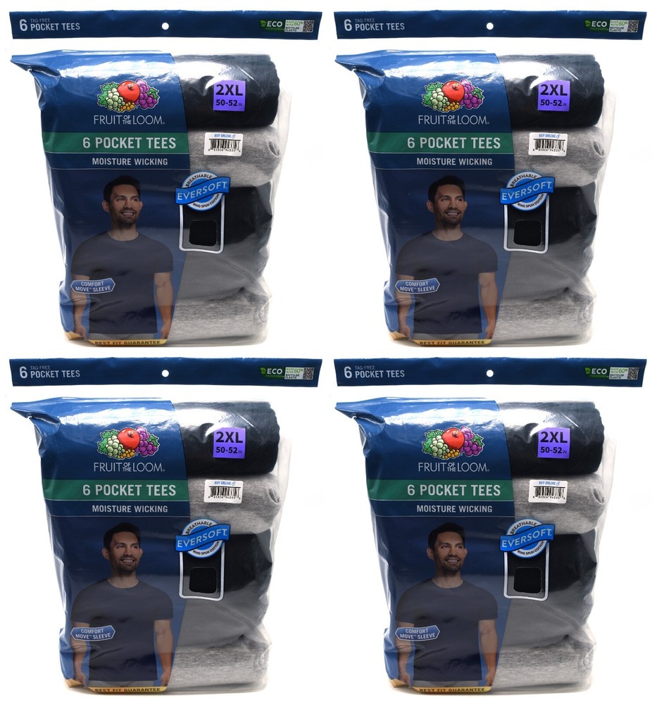 24 Fruit Of The Loom 2XL 50-52 Black Gray Pocket T-Shirts 2EG 127-132 CM