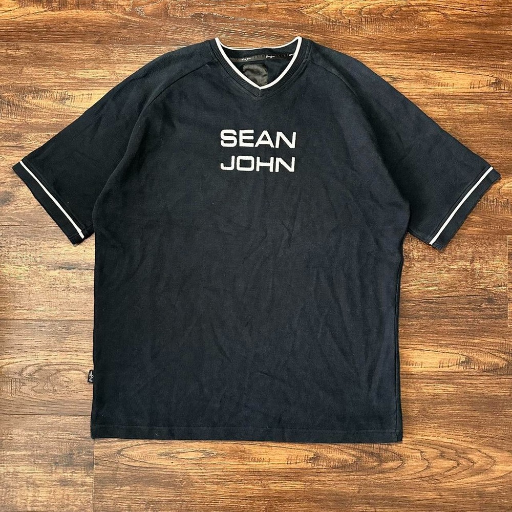 Vintage Y2K Sean John Graphic Shirt Navy Blue White Heavy Cotton Men Size L