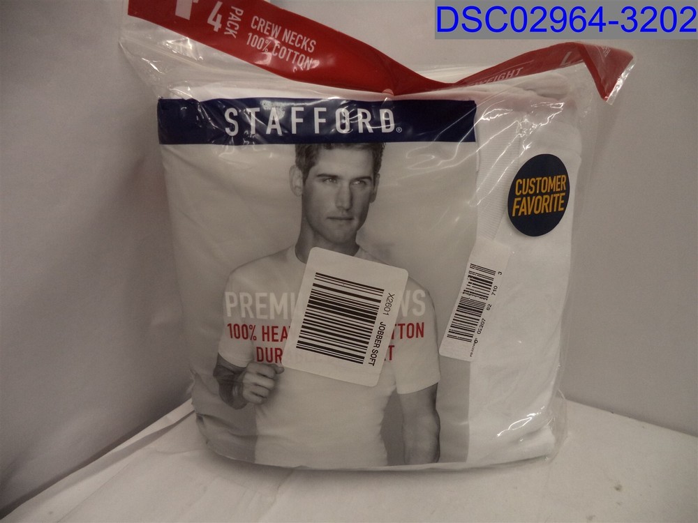 Qty= 4 (1 Pack of 4) Size= Large, Stafford Men’s White Crew Neck T-Shirts