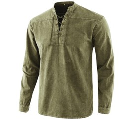 Men Fashion Casual Shirt Retro Pure Color Stand-Up Long Sleeve Collar Top