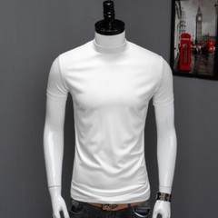 Fashion Summer Men’s Half High Collar Silk Cotton Short Sleeved T-shirt Slim Fit