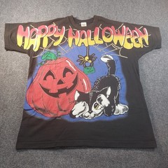 Vintage Happy Halloween AOP T-Shirt XL 1996 Black Cat HUGE Spell Out 90s Tee