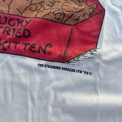 Vintage 1993 White & Red Unlucky Fried Kitten Graphic T-Shirt Size Adult Large