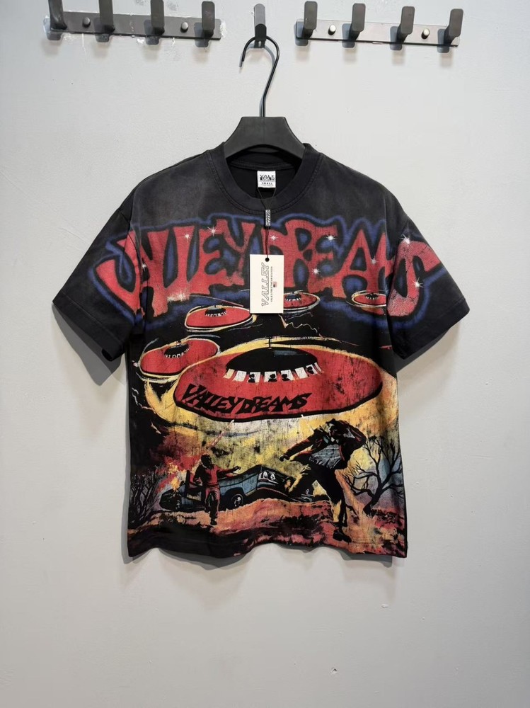 VALLEY DREAMS Vintage Print Casual Washed Distressed Short Sleeve T-Shirt