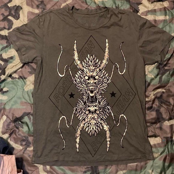 Robins Jean olive graphic tee gold foil detail mens M/20