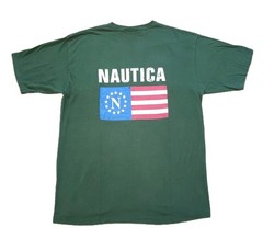 Vintage 90s Nautica Great Point Flag Size XL USA Made Mens Green 2 Sided T-Shirt