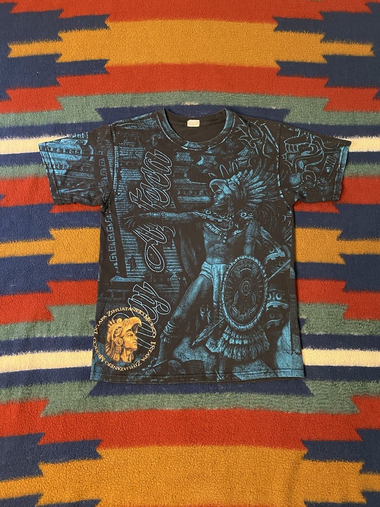 Vintage Aztec Warrior DOUBLE SIDED All Over T Shirt Mexican LATINO Medium