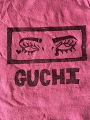 Neon Pink “Guchi” screen printed t shirt size Large Soft Worn Street Art
