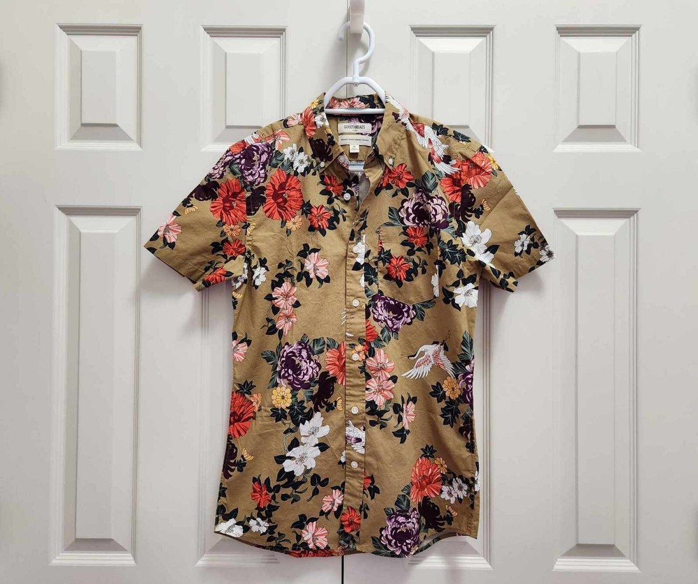 Men’s Goodthreads Poplin Multicolor Floral Birds Cotton Short Sleeve Shirt Sz XS