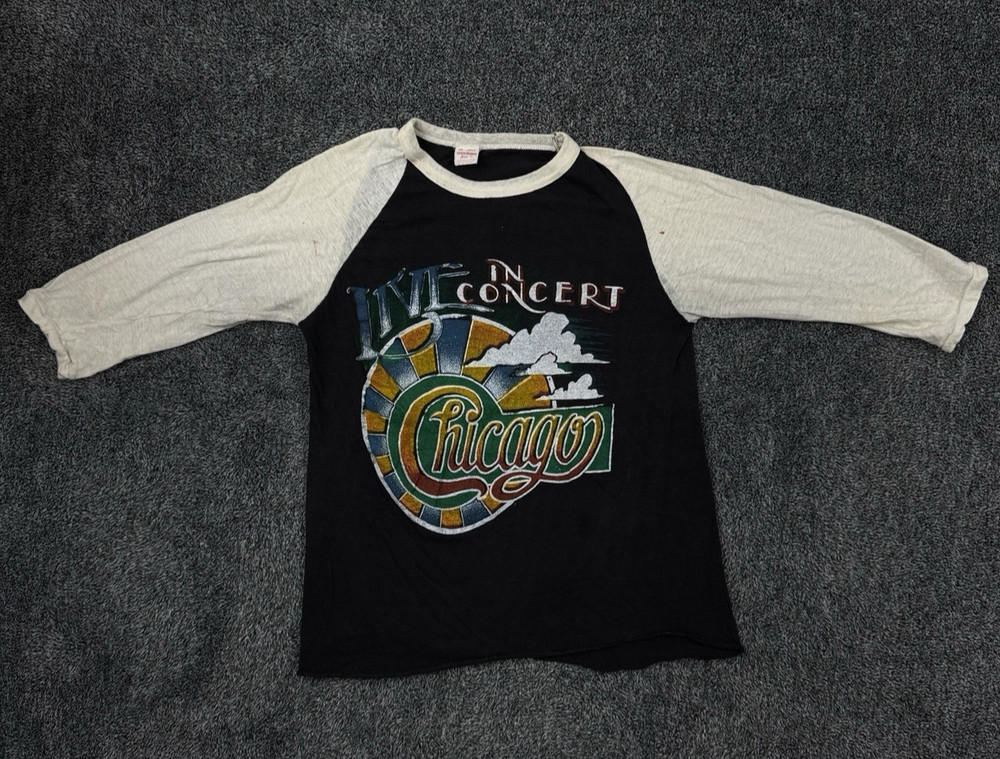 Vtg 70s Chicago Band On Tour Raglan Bootleg L RN 28205 Pakistan Autumn Rainbow