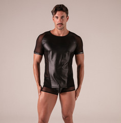 Absolu Male By TOF PARIS Rebel Mesh T-Shirt Crew-Neck Leather Look 1