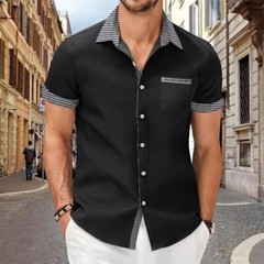 Camisa Con Botones Elegante De Manga Corta Para Hombres Sólida Cuello Levantado